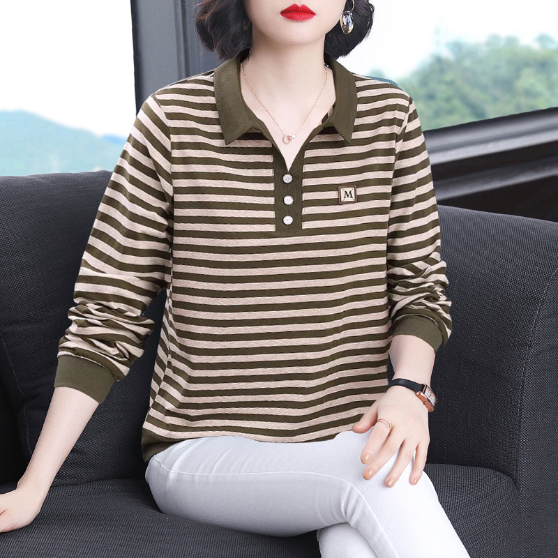 2025 New Autum Stripesd Splicing Long-Sleeved T-Shirt Women's Large Size Loose Mother's Wear Cotton Casual Top Polo Shirt 2025 New Autum Stripesd Splicing Long-Sleeved T-Shirt Women's Large Size Loose Mother's Wear Cotton Casual Top Polo Shirt