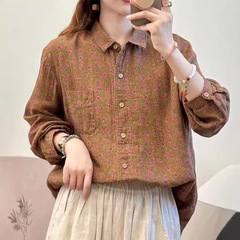 二重の綿糸のシャツの婦人服の新型の長袖の花の単列のボタンはやせていてゆったりしている大きいサイズのシャツの婦人服の大きいサイズを現します。