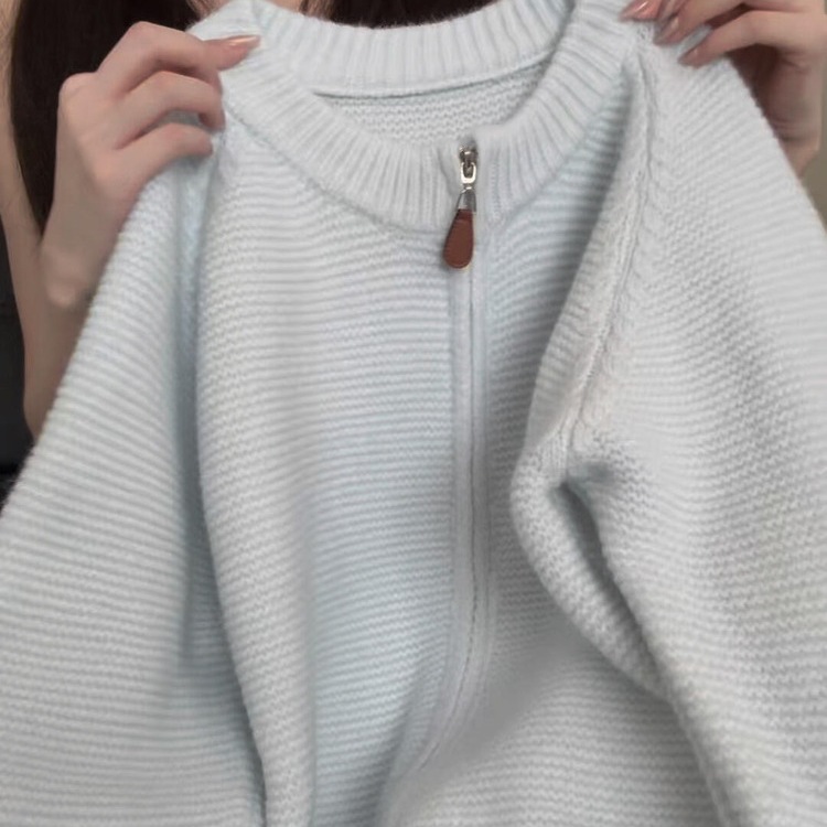 韩系复古慵懒风蓝色开衫针织女春秋感宽松休闲百搭毛衣外套冬