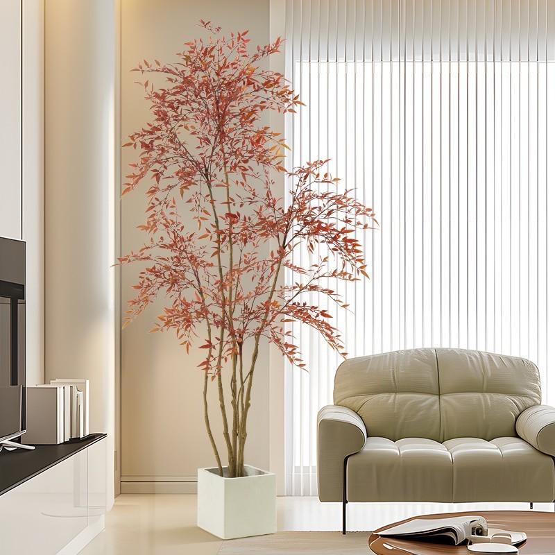 Nantian Bamboo 模擬緑植物赤ハイエンドライト高級屋内リビングルーム大型鉢植え床置き装飾品バイオニック偽植物|undefined