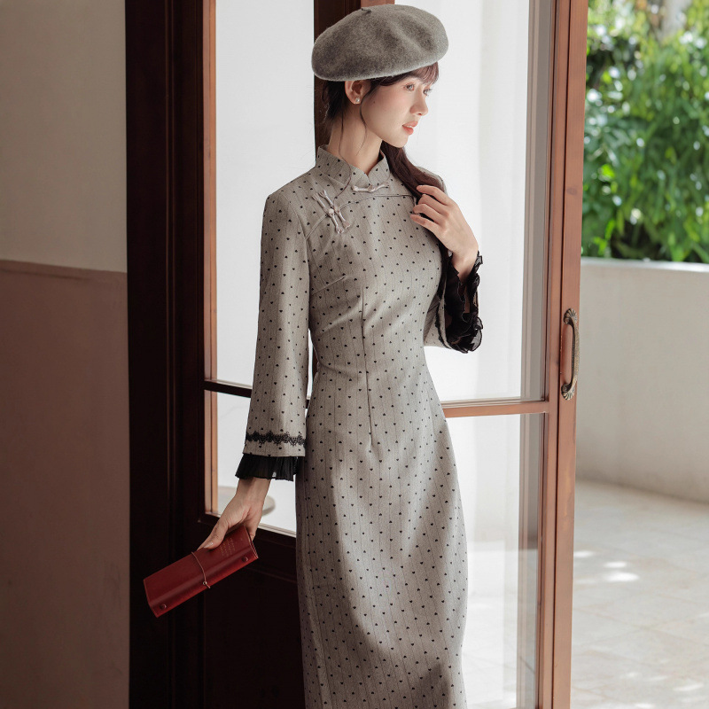New Chinese Style Retro Gray Polka Dot Printed Cheongsam Dress Women's Long Stand-Up Collar Waist Slimming Long Skirt