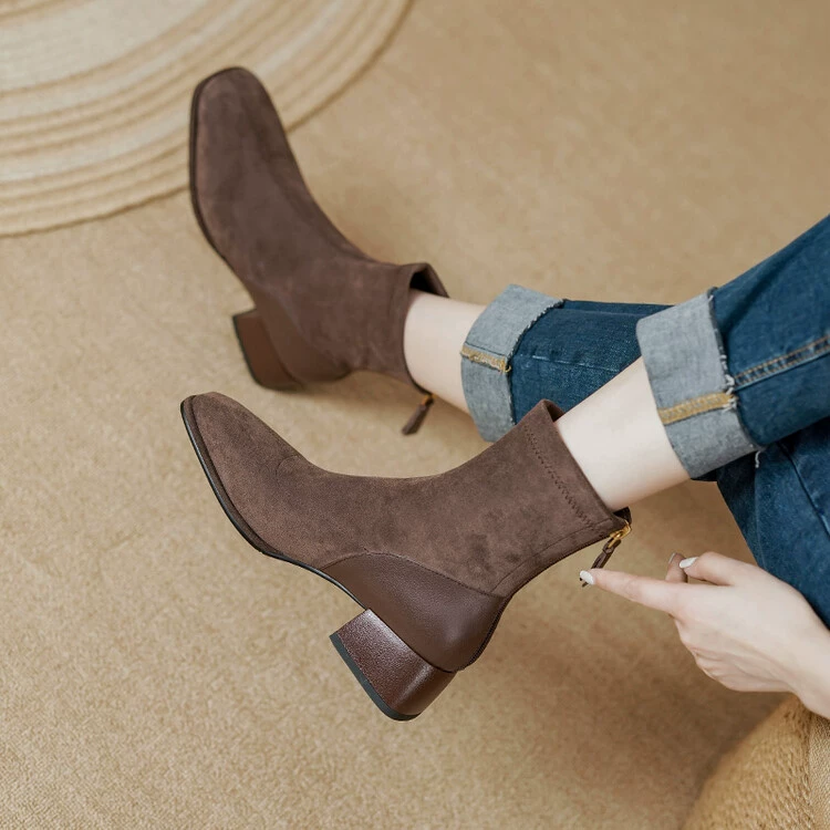 34-39 ярдов 14.5cm каблуки | черный/коричневый | повседневная квадратная голова толстый каблуки задняя молния эластичные сапоги высокие каблуки тощие сапоги осень