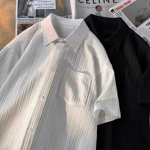 Textured Striped Short-Sleeve Shirt for Men - Summer Large Size - High-End Casual Iridescent Five-and-a-Half-Sleeve Fashion Top