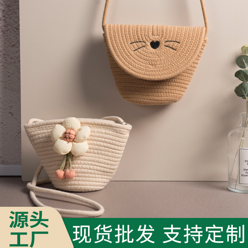 Bolsa de algodón de paja de verano, bolsa de hombro simple, bolsa de celosía de tela de tela retro creativa, bolsa para móviles, bolsa pequeña para mujeres