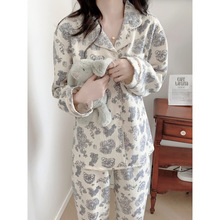 跨境专供女加厚睡衣女长袖花朵保暖空气棉可外穿家居服肌理纹套装