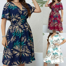 欧美外贸亚马逊速卖通爆款大码V领打揽收腰显瘦短袖连衣裙跨境女