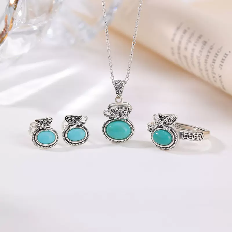 悦宝珠宝绿松石S925纯银福袋唐草纹新中式民族风复古吊坠戒指耳钉