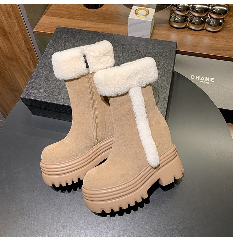 Boot ngắn nữ gót nêm lông cừu nhân tạo, tăng chiều cao bên trong, form ấm mùa đông — mơ 15cm chi tiết 16