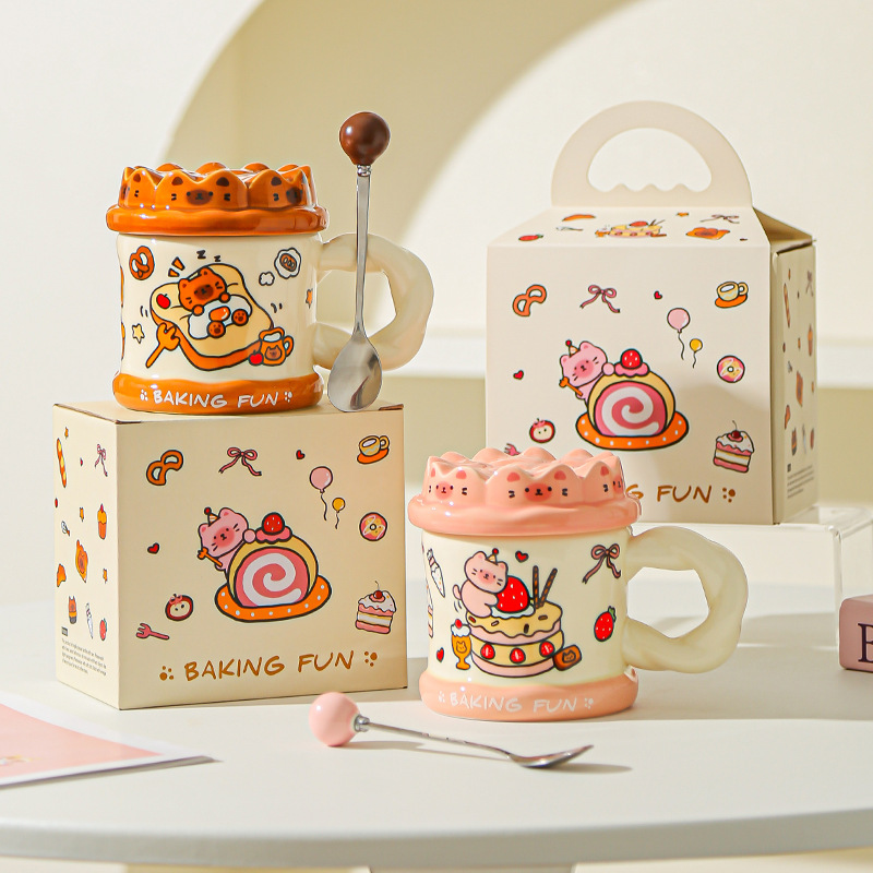 Tarta de cumpleaños pintada a mano, taza de gato, taza de cerámica de alta calidad con cubierta, taza de agua para niñas, taza de cerámica para parejas