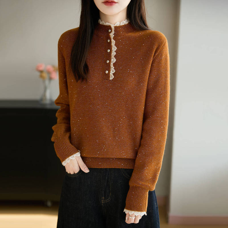 Double-Layer Thickened Raccoon Fur Pullover Sweater for Women with Lace Trim, Half-High Collar, Base Layer Top, New Autumn and Winter Style with Sequin Design