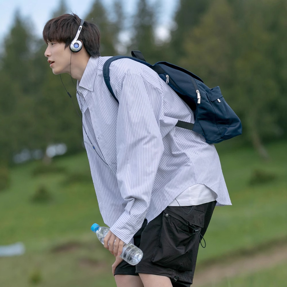 Camisa de manga larga a rayas japonesa para hombre primavera y otoño Camisa de manga corta estilo Hong Kong suelta chaqueta casual de alta calidad de moda