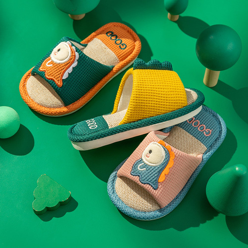 Linen Slippers for Children, Indoor Home Decor, Cute Dinosaur Home Use, Adult Anti-Slip Summer Cartoon Parent-Child Cooling Slippers