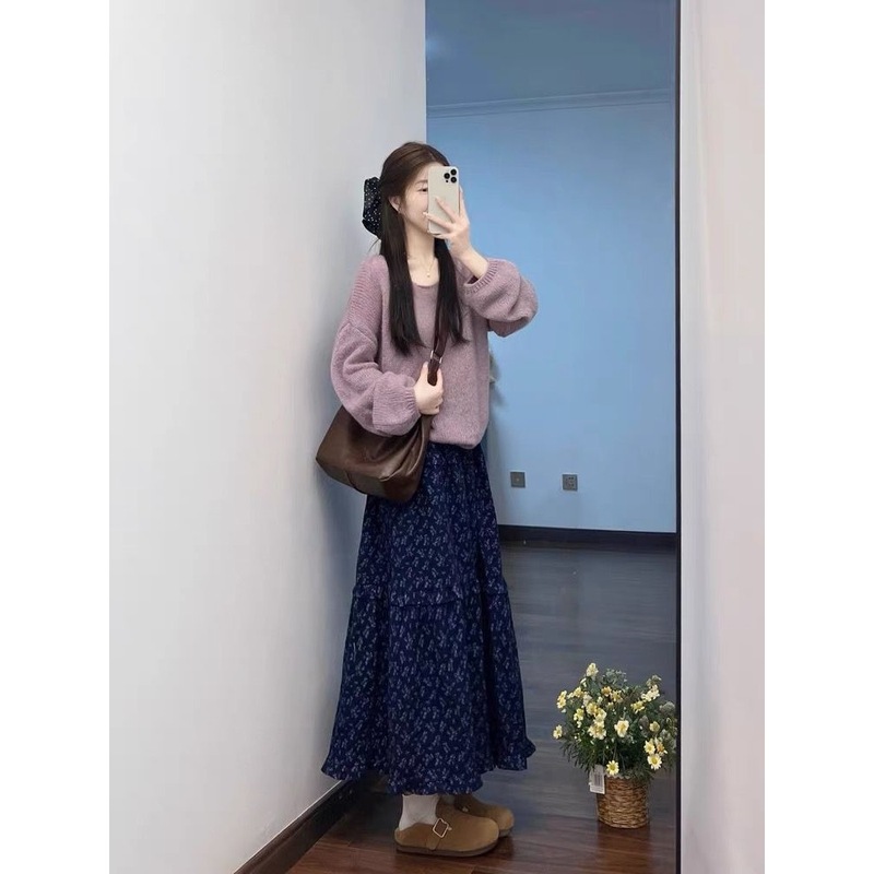 2025秋季女装新款温柔甜美氛围感百搭针织毛衣碎花半身裙两件套装|undefined