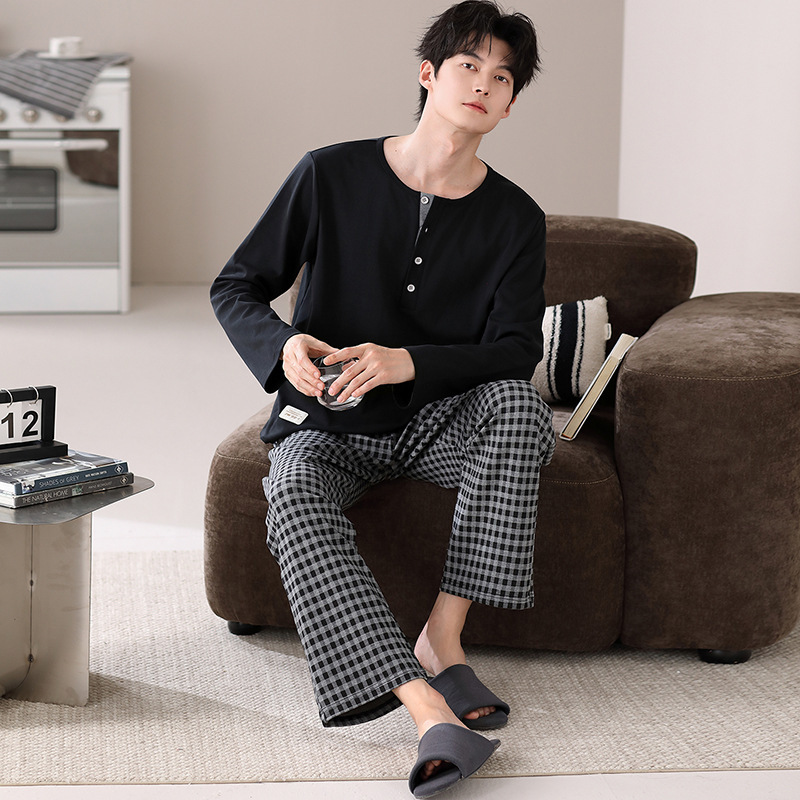 Spring and Autumn Pure Cotton Men's Pajamas with Pockets, High-End Design, Buttoned Round Neck Loungewear Two-Piece Set That Can Be Worn Outside