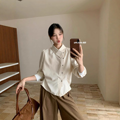 MSTUDIO漫莎 秋季韩系风气质竖条撞色不规则扣翻领长袖衬衫女7709