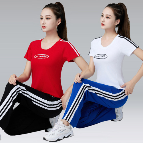 Summer and Autumn New Sports Set T-shirt Top Short Sleeve Tencel Cotton Yang Liping Square Dance Clothing Women's Dance Wear