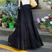 韩国chic夏季新款法式复古层次感休闲百搭高腰长款纯色百褶半身裙