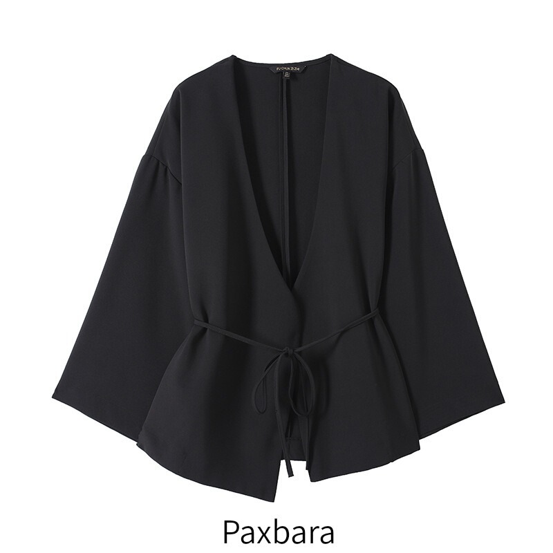 9911Ywfc V Neck Lace-Up Shirt 2025 Autum New Chinoiserie Draped Loose Black Long-Sleeved Casual Women's Top