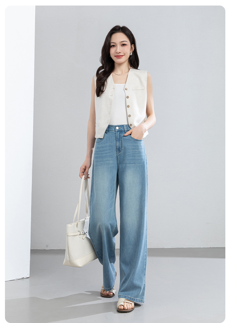 Quần jean nữ cao eo ống rộng dáng suông, chất liệu cotton pha tơ tằm thoáng mát, dài 103 cm — Thông thường - chiều dài quần khoảng 103cm chi tiết 21