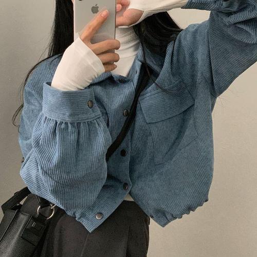 Chic Korean Autumn/Winter Loose Matchable Single Button Collar Short Length Corduroy Shirt Drawstring Jacket for Women Fashion