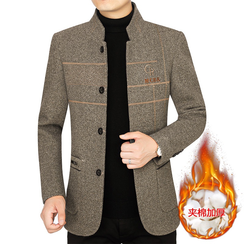 Chaqueta de lana gruesa para hombres de mediana edad, otoño e invierno 2025, cuello alto, estilo casual de negocios, abrigo de lana para papá