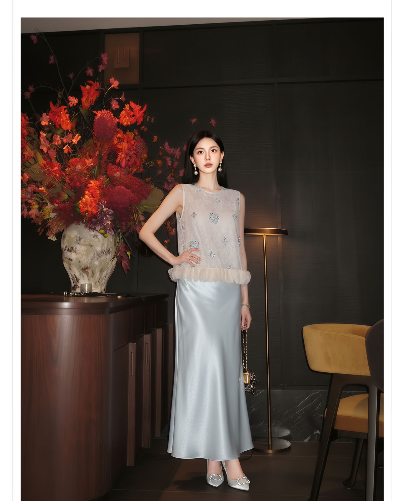 Bộ áo gile đính cườm thêu hoa cách tân + chân váy trơn thanh lịch nữ — bộ đồ, Trang chủ, Màu xanh nửa váy chi tiết 11