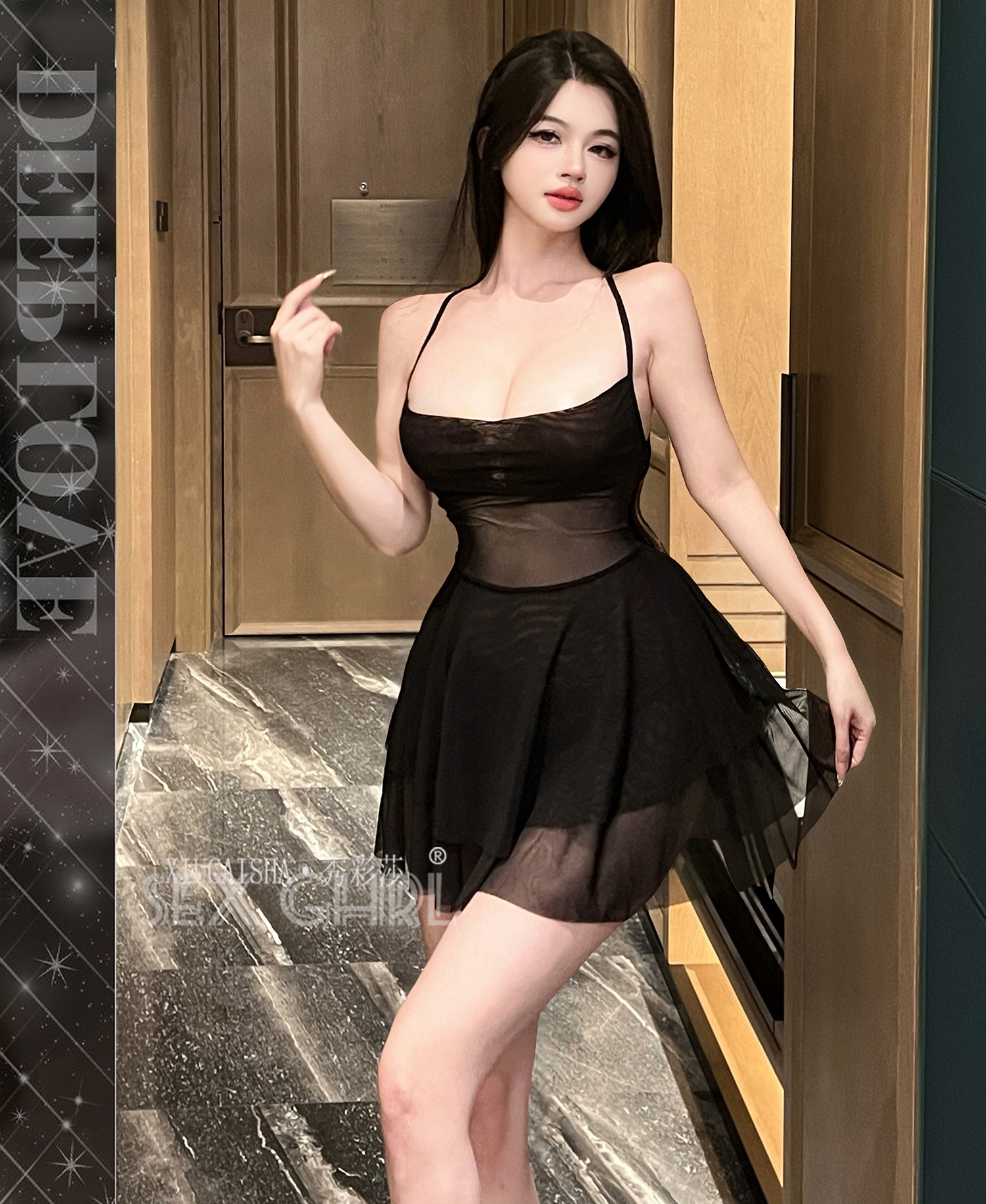 Sheer Mesh Lace-Up Babydoll Set with Backless Design, Black, One Size — detail image 32