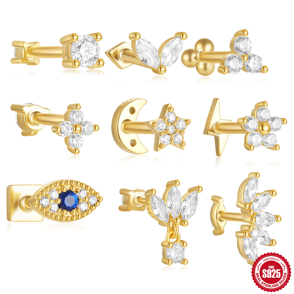 Moda europea y americana todo fósforo s925 plata esterlina tres diamantes borlas de ojo de caballo de doble cara uso de pernos en espiral de cartílago