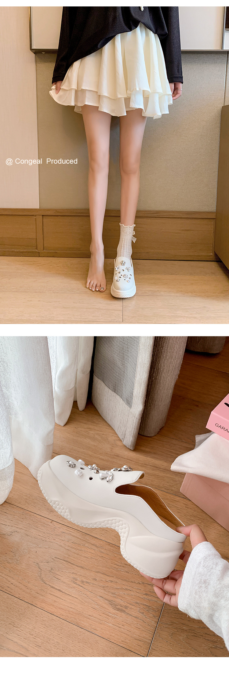 Dép lê bít mũi độn cao da thật 7cm cho nữ, phong cách sandal lỗ xốp mùa hè, đính ngọc trai đinh tán — Màu trắng, Màu xám chi tiết 16