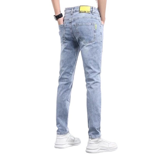 Summer and Spring Thin Slim Fit Men's Straight Leg Korean Style Trendy Branded Light Color Versatile Hole Relaxed Pants Three-quarter Length
