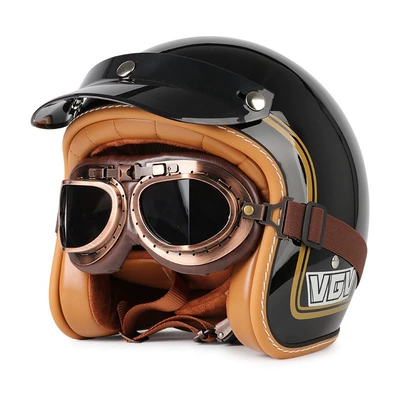 Motosiklet dəbilqələri — Certified Retro Motorcycle Helmet Electric - m-bright-black-gold-rim-bronze-mirror-free-hat-brim-face-towel