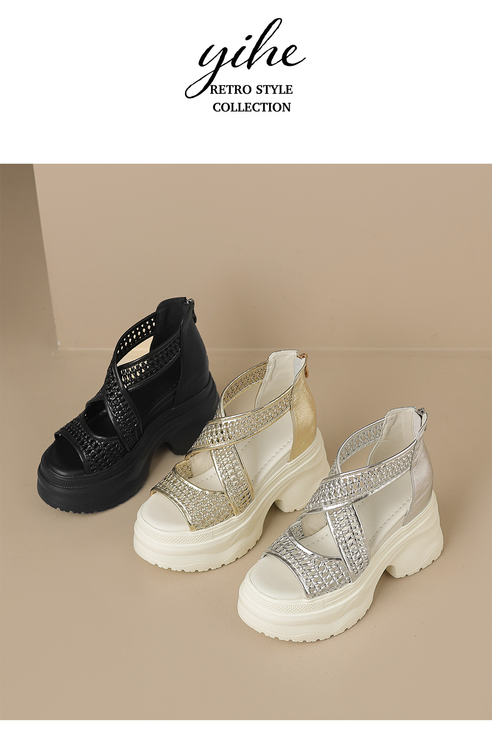 Sandal cao gót La Mã dệt quai ngang đế nêm hở mũi gót 12 cm — Màu vàng trắng, Màu đen, Màu trắng bạc chi tiết 15