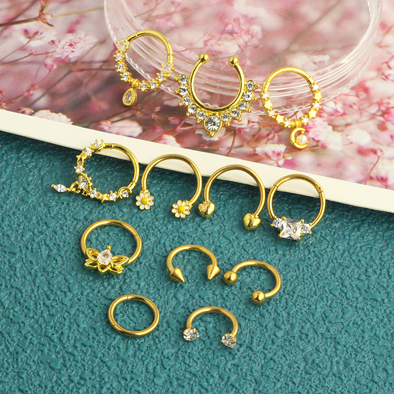Amazon Hot Sale Nose Ring Set Stainless Steel Micro Inlaid Zircon Chrysanthemum Nose Ring Trend Puncture Nose Nail 12-Piece Set detail image 8