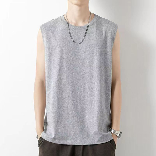 Men's heavy American wide shoulder vest sports sleeveless T-shirt round neck loose base top solid color breathable