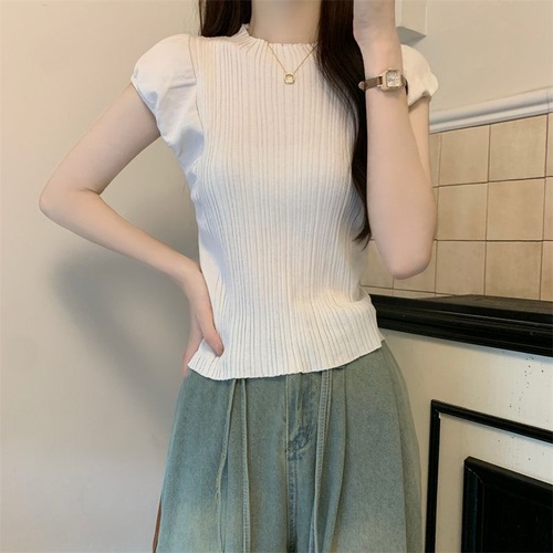 Half-high collar turtleneck solid-color sleeveless knitted top for women, summer thin fit-to-measure slimming innerwear with spliced sleeve cuffs