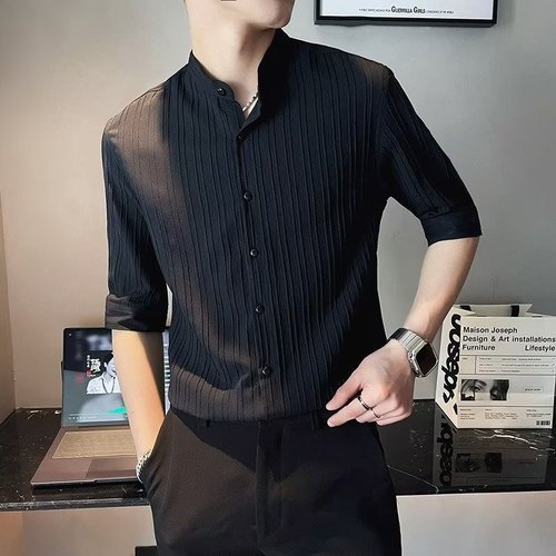 Stand collar seven-inch sleeve men's short-sleeve summer 2024 new men's high-end striped half-sleeve shirt