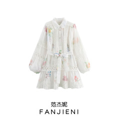 ZR外国貿易卸売り欧米風女装新型シンプルな襟付きレースはプリント気質の長袖ワンピースをつなぎ合わせます。