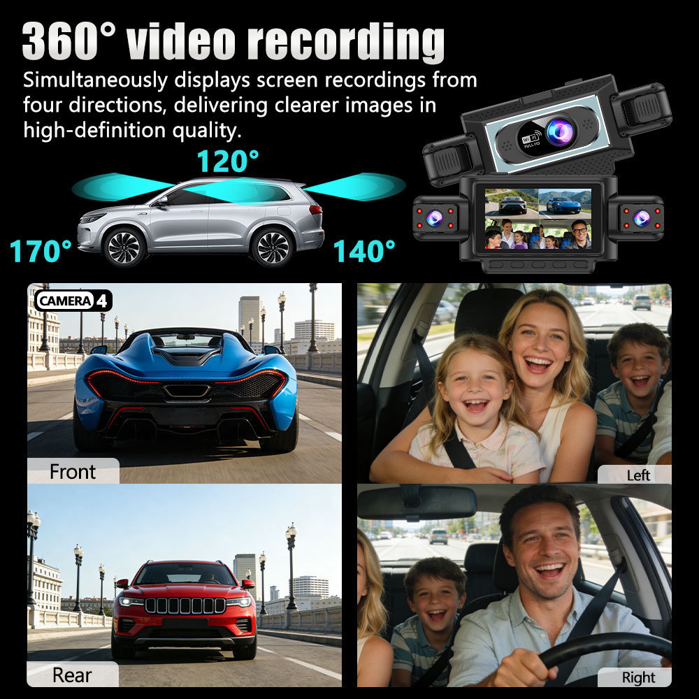Cross-Border Hot-Selling 1080P High-Definition Dash Cam with Four Lenses, Wifi, 3inch Screens for Simultaneous Recording and Display of Reversing Images