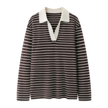 现货 2025冬季款女复古撞色翻领美拉德棕色条纹针织衫MBE4SWT072