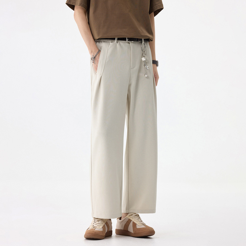 Vertical Stripe Texture Solid Color Simple Loose Straight-Leg Cropped Pants Men's Fashion Trendy Wide-Leg Drape Casual Dress Pants