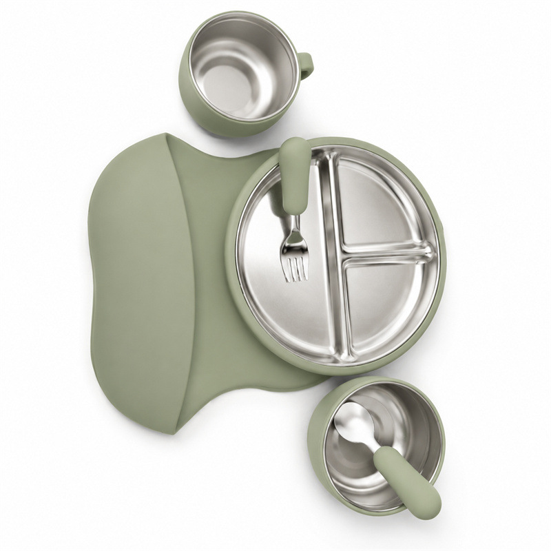 Transfronterizos de cubiertos de acero inoxidable para niños cubiertos de silicona cubiertos de alimentación infantil de seis piezas