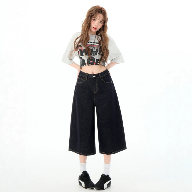 Dark Blue Tencel Wide-Leg Jeans for Women, 2026 Summer Thin Straight-Leg Cropped Pants, Versatile, Slimming, Drapey, Seven-Quarter Length Pants