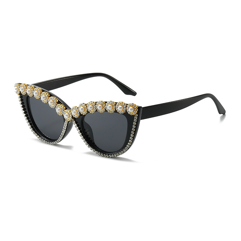 Trendy Cat-Eye Sunglasses with Rhinestones, Cross-Border Personalized Handmade Chain Flower Decoration Party Sunglasses