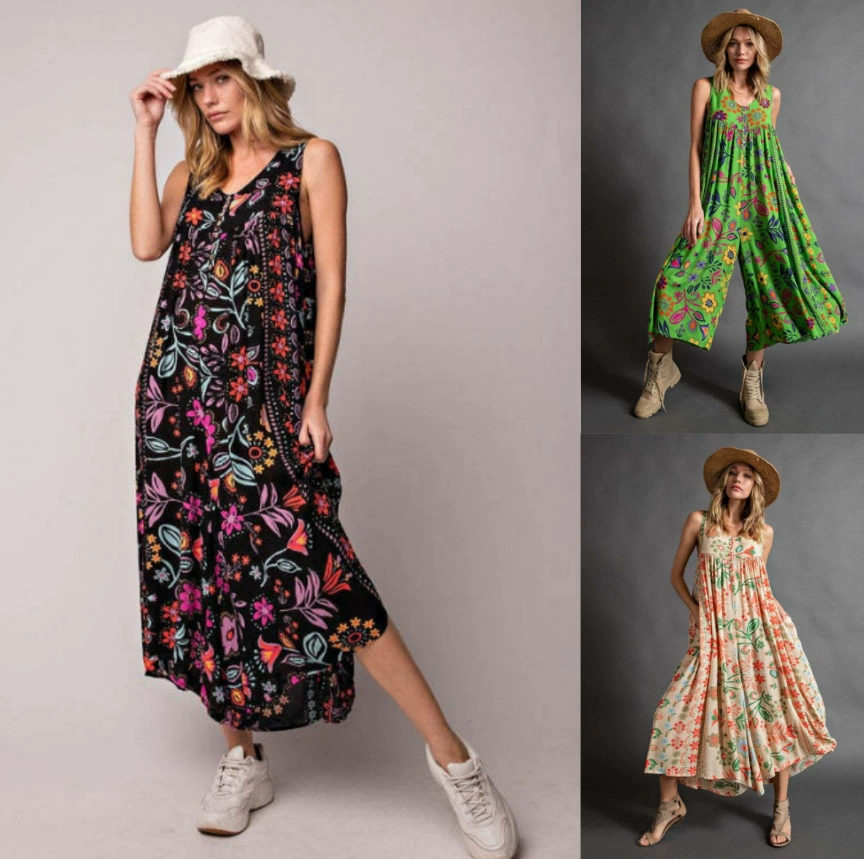 2023 Летняя Новая Европейская и американская внешняя торговля Женская одежда Amazon Independent Station Свободный комбинезон без рукавов с принтом в стиле ретро