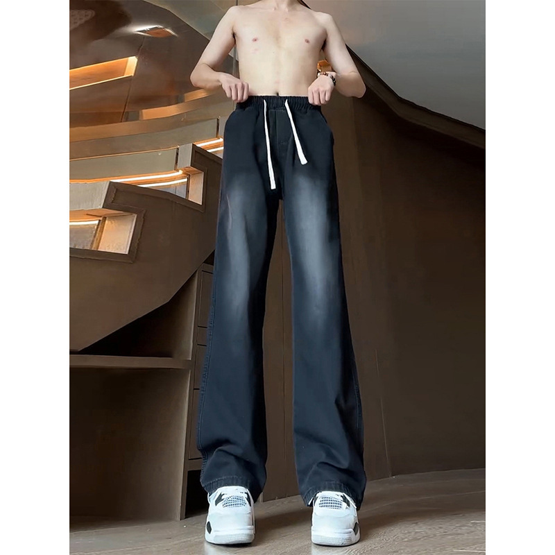Black and Gray Drawstring American-Style Elastic Waist Jeans for Men, Summer 2025, Height-Enhancing, Extra-Long, Straight-Leg, Loose, Flared Pants