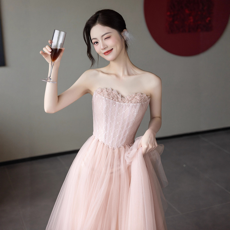 Strapless Toast Dress with a High-End Feel, Pink Fairy-Like Bridal Engagement Wedding Gown, High-End Light Luxury Niche Bridesmaid Dress Strapless Toast Dress with a High-End Feel, Pink Fairy-Like Bridal Engagement Wedding Gown, High-End Light Luxury Niche Bridesmaid Dress