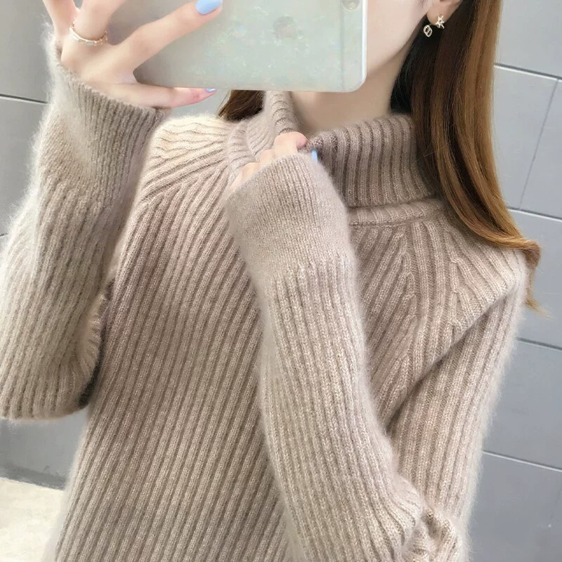 Сплошной цвет, дикий темперамент, стильный воротник, тонкий трикотажный нижний топ, водолазный свитер