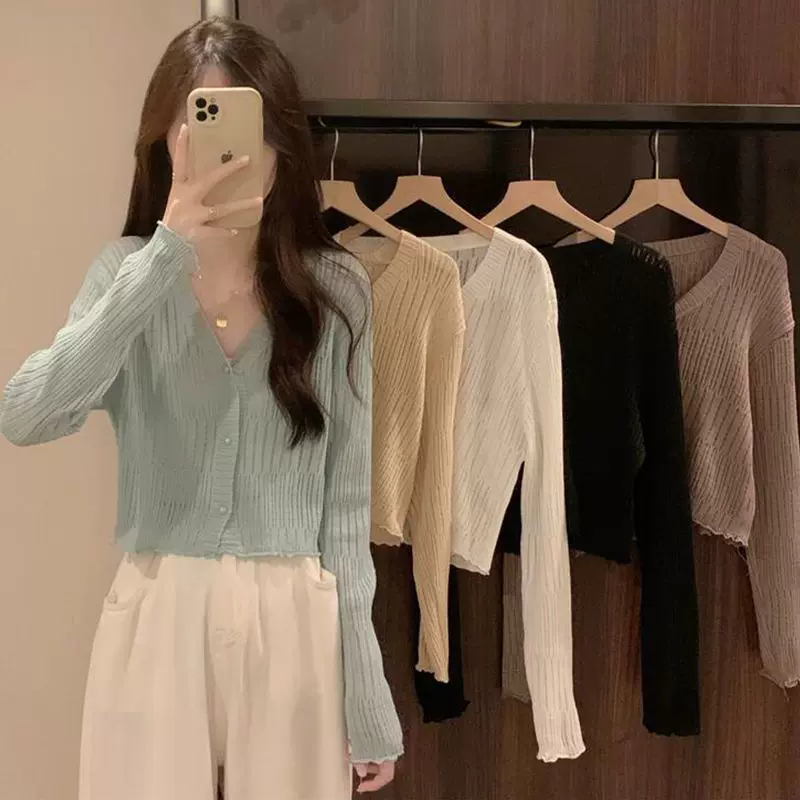 2025年春秋新款防晒冰丝外搭木耳边针织衫女显瘦高级感开衫短上衣