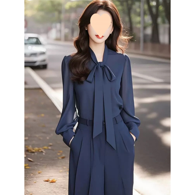 ブルーシフォンスーツ秋の女性の 2025 新しいファッションハイエンドボウトップワイドレッグパンツ 2 点セット|undefined