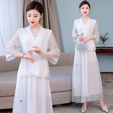 2022夏季復古中國風純色漢服改良中式唐裝禪意茶刺綉七分袖上衣女